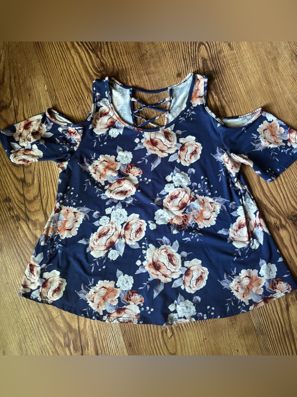 Navy Floral Cold-Shoulder Blouse with Lattice Back Straps